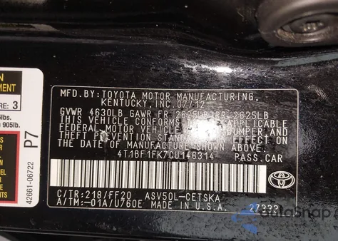 2012 Toyota Camry Se из США, поврежденный, VIN 4T1BF1FK7CU146314